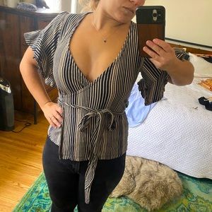 Free People Soft Cotton Black Striped Wrap Blouse